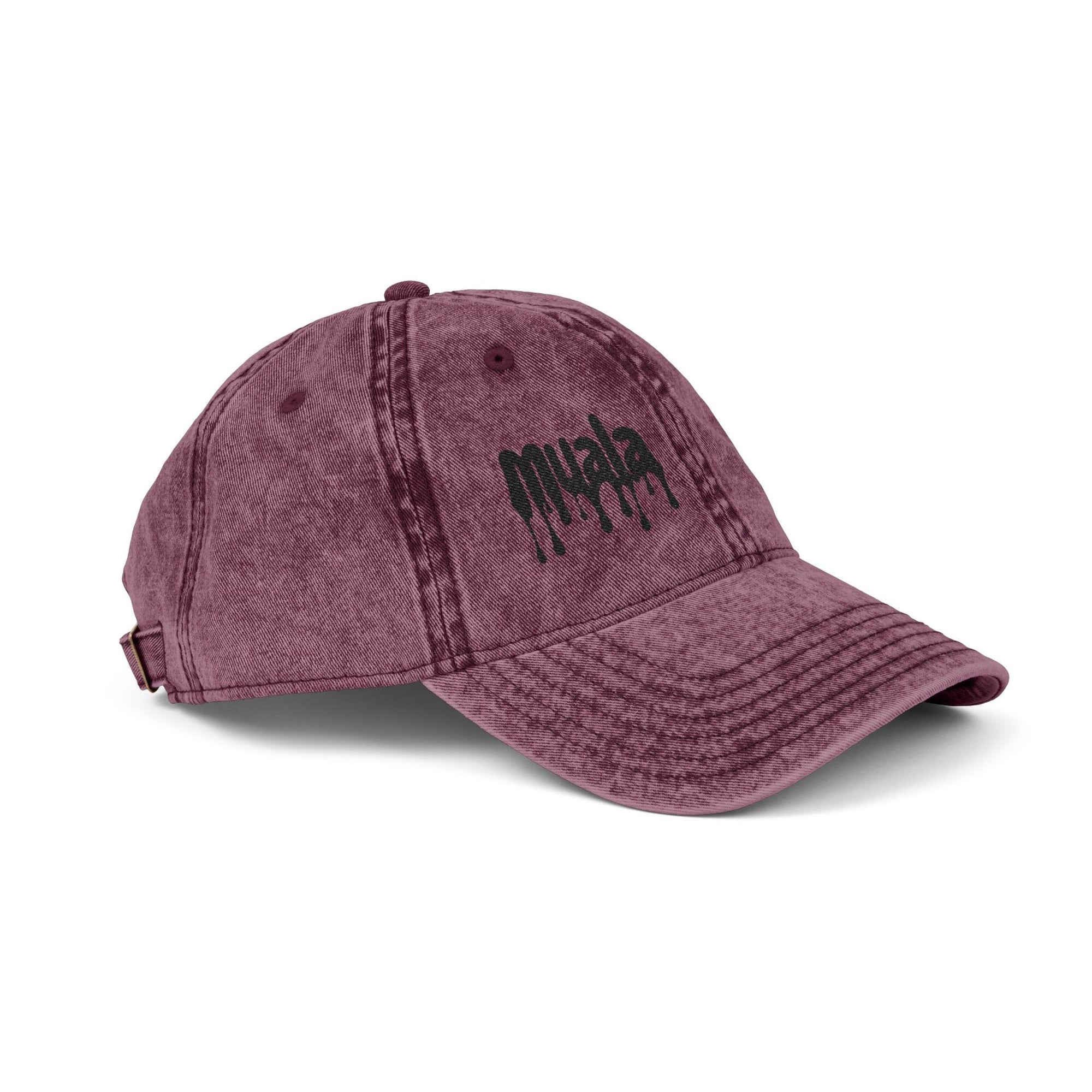 Vintage maroon Muala® "sunday pizza" cap with black embroidered logo on right front panel, distressed cotton twill design.