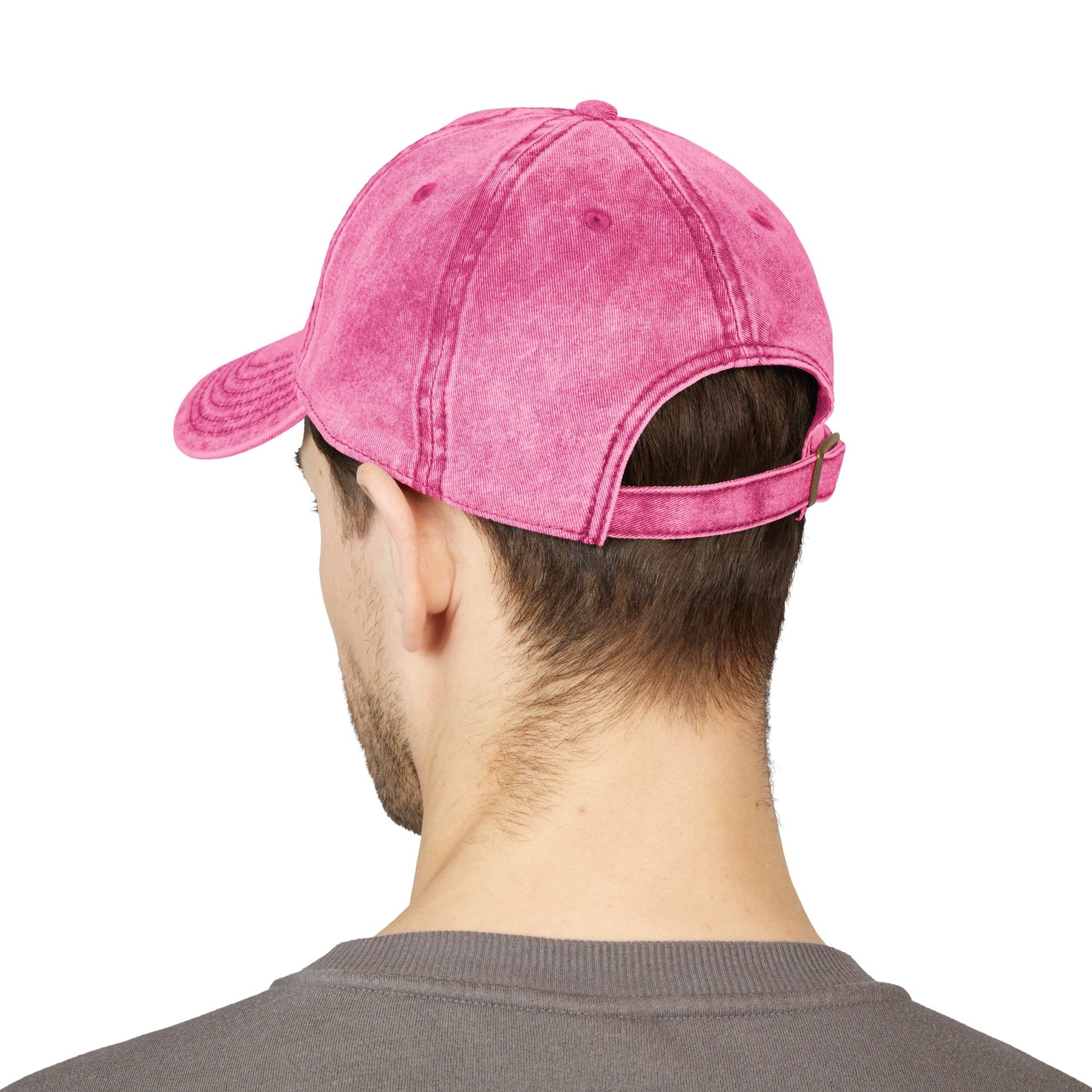Man wearing pink distressed Muala® "sunday pizza" cap with adjustable strap shown from back