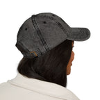 Vintage distressed black Muala® "sunday pizza" cap with embroidered logo and adjustable strap worn from the back