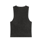 Muala® "hot mualan" stonewash tank top in black with vintage-inspired raw edges and classic unisex fit.