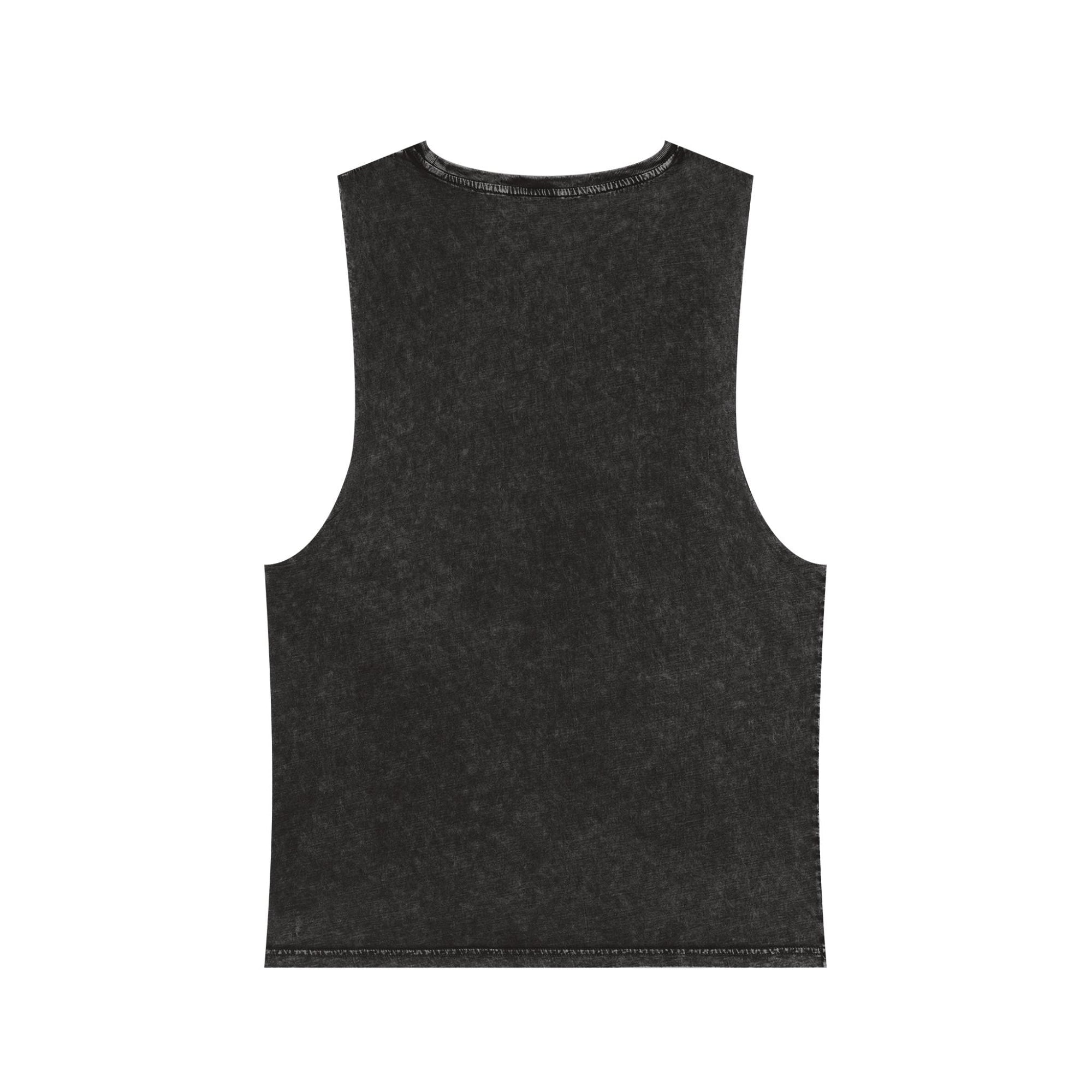 Muala® "hot mualan" stonewash tank top in black with vintage-inspired raw edges and classic unisex fit.