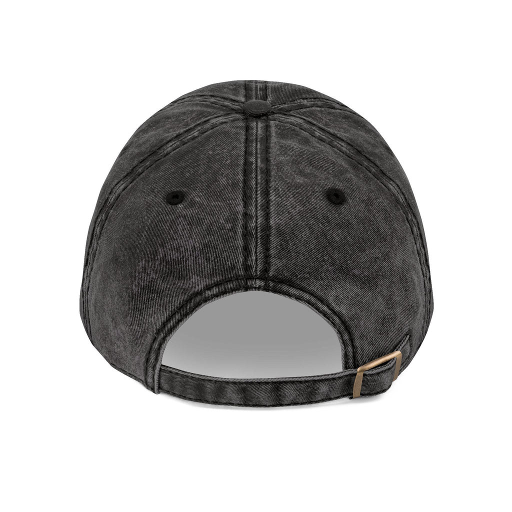 Back view of a distressed black Muala® "sunday pizza" Cap made from premium cotton twill with adjustable antique brass buckle strap and six ventilation eyelets.