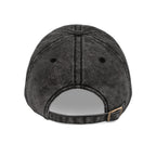 Back view of a distressed black Muala® "sunday pizza" Cap made from premium cotton twill with adjustable antique brass buckle strap and six ventilation eyelets.