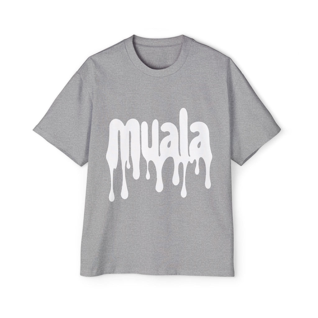 Grey muala® "drippy fat" heavy oversized tee with white dripping logo print on front, made of premium 100% carded cotton.