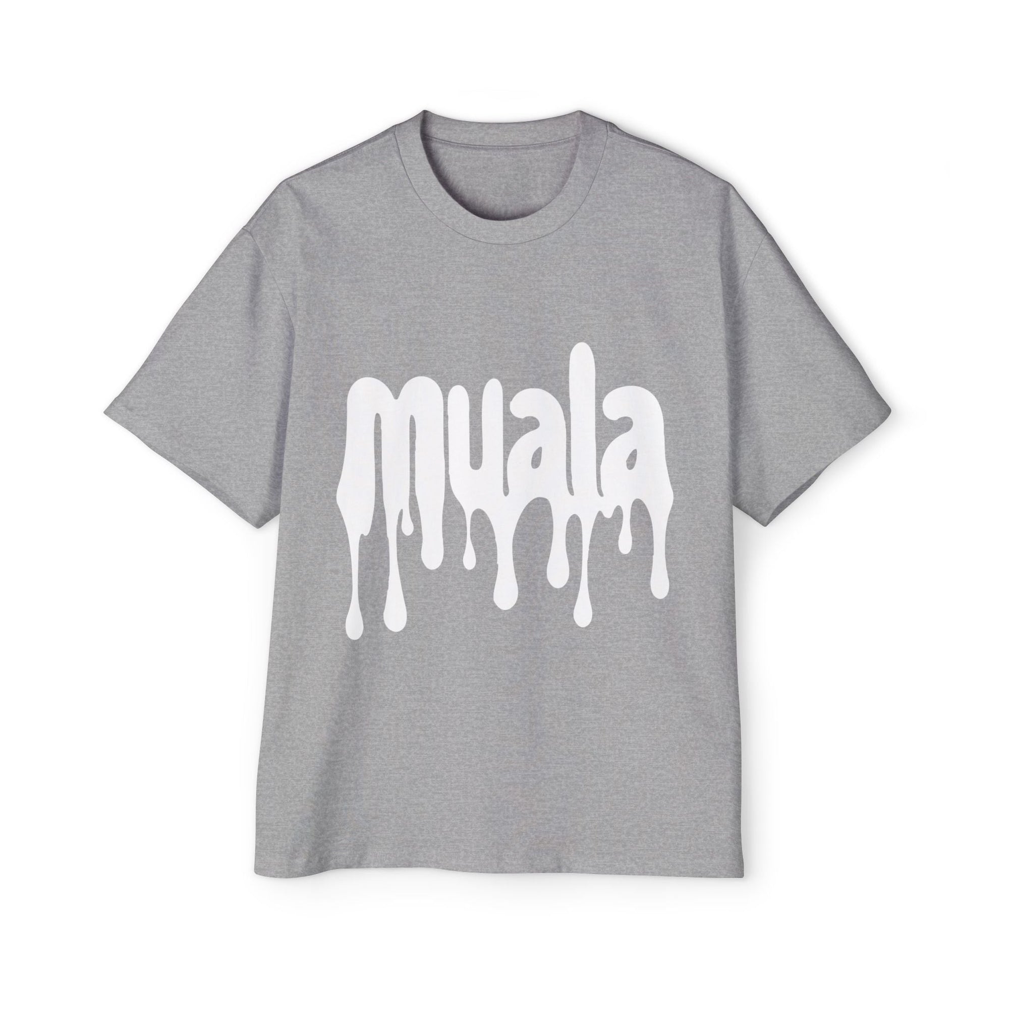 Grey muala® "drippy fat" heavy oversized tee with white dripping logo print on front, made of premium 100% carded cotton.
