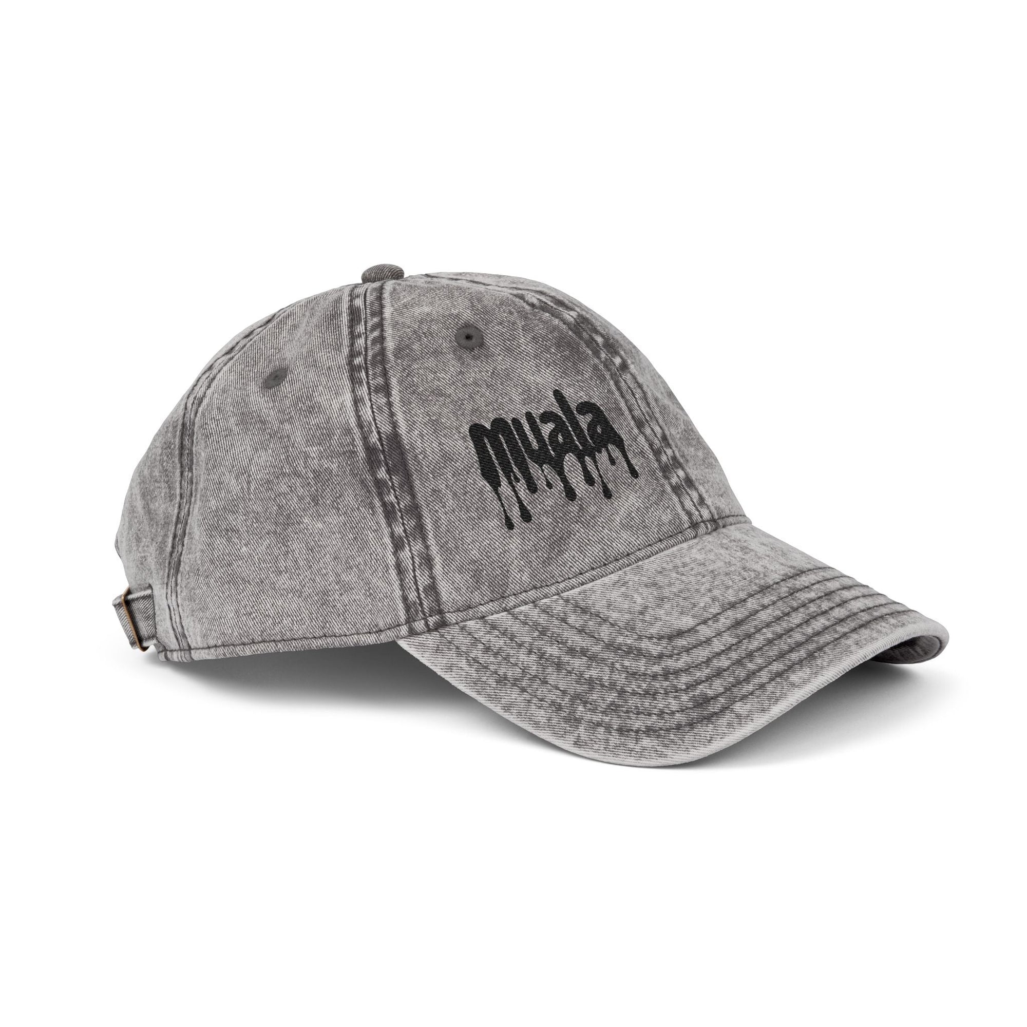 Distressed gray Muala® "sunday pizza" cap with black embroidered logo on right front panel, vintage cotton twill material, adjustable metal snap buckle.