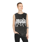 Young man wearing black muala® "hot mualan" stonewash tank top with large white dripping logo and raw sleeve edges