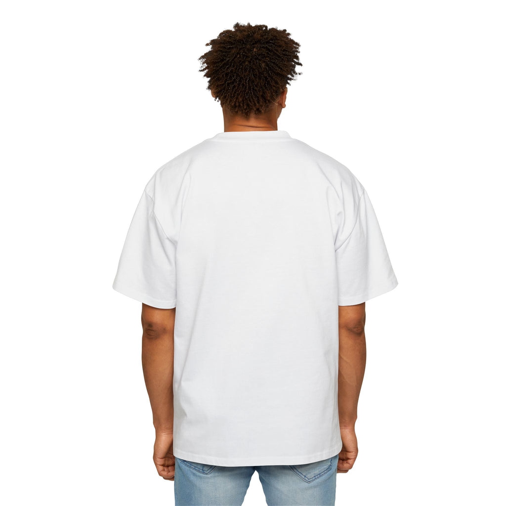 Back view of a man wearing a white muala® "drippy fat" heavy oversized tee with dropped shoulders and relaxed fit.