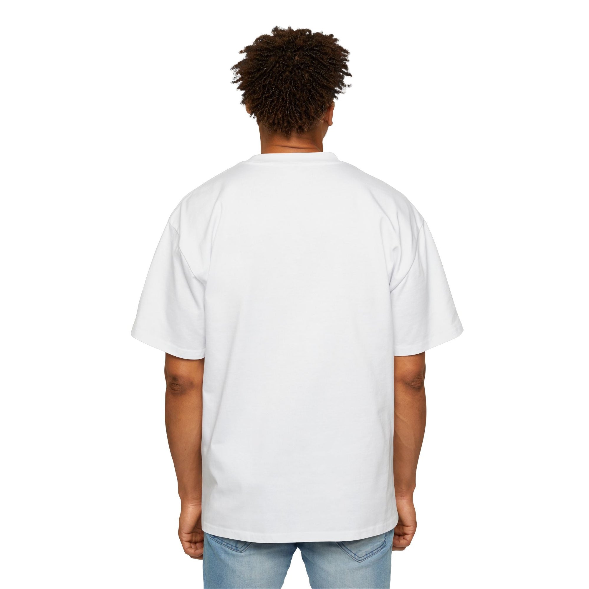 Back view of a man wearing a white muala® "drippy fat" heavy oversized tee with dropped shoulders and relaxed fit.