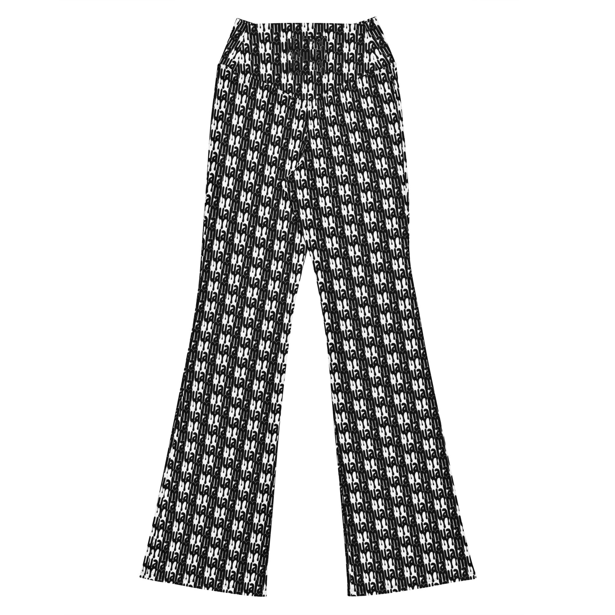 Black and white patterned flared leggings from Muala® "flavor flare" Pattern Vol.1 collection, made with recycled polyester and elastane blend.
