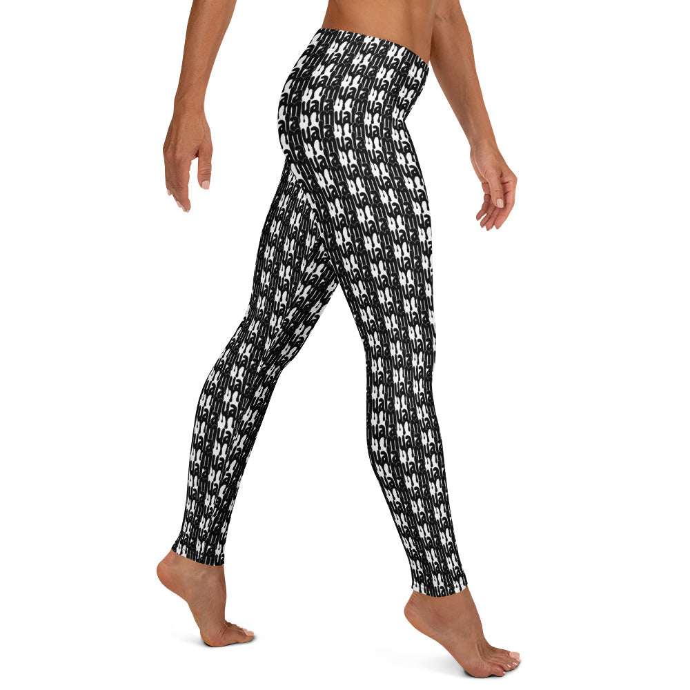 Black and white Muala® "street gym or snack" leggings with an all-over bold Pattern Vol.1 design, made of stretchy microfiber blend for lasting comfort and shape retention.