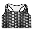 Black and white Muala® "workout fuel" sports bra with repeating bold logo pattern and racerback design, moisture-wicking and supportive activewear for A-C cups.