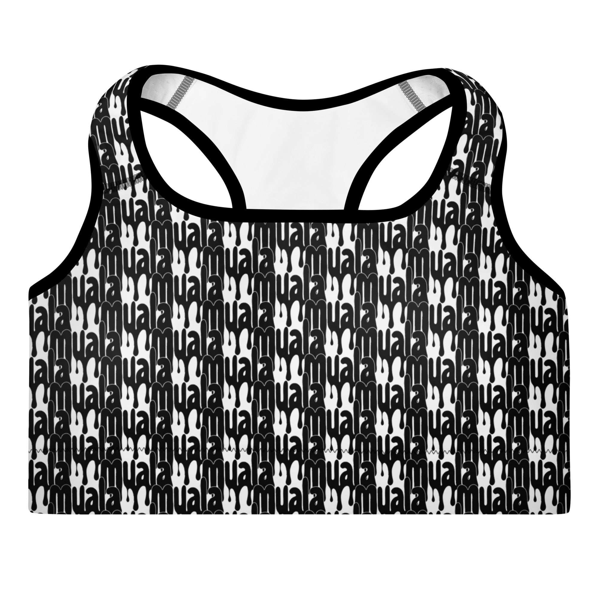 Black and white Muala® "workout fuel" sports bra with repeating bold logo pattern and racerback design, moisture-wicking and supportive activewear for A-C cups.