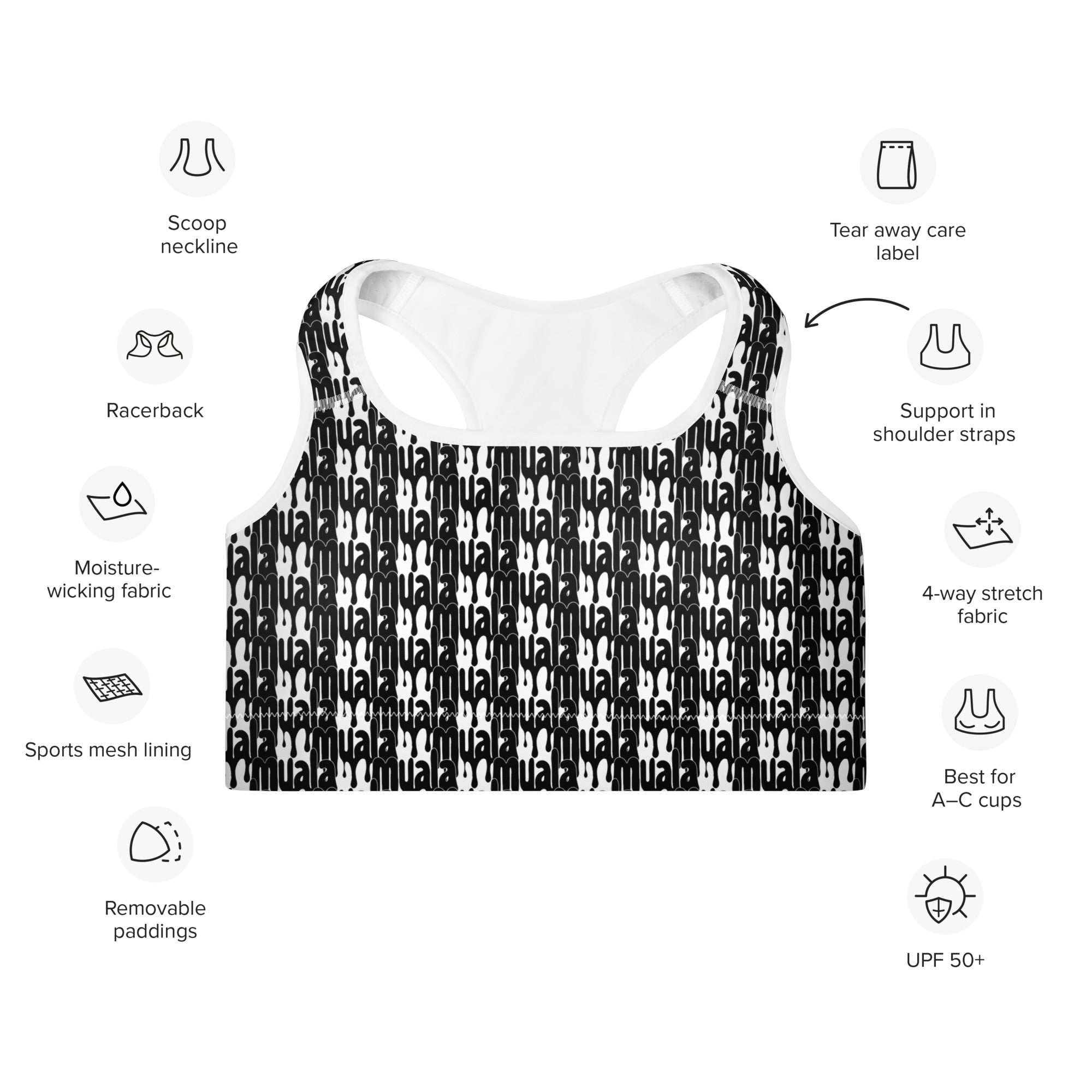 Black and white "workout fuel sports bra" with muala® logo pattern, scoop neckline, racerback, removable padding, moisture-wicking four-way stretch fabric, designed for A-C cup support and UPF 50+ protection.