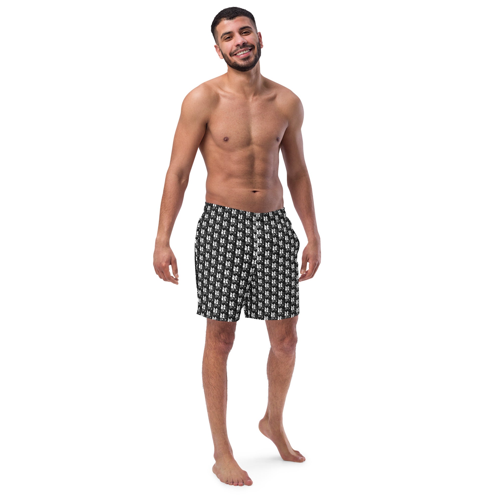 man wearing muala® "pool snack" swim trunks with exclusive black and white pattern, quick-dry recycled fabric for beach and pool use