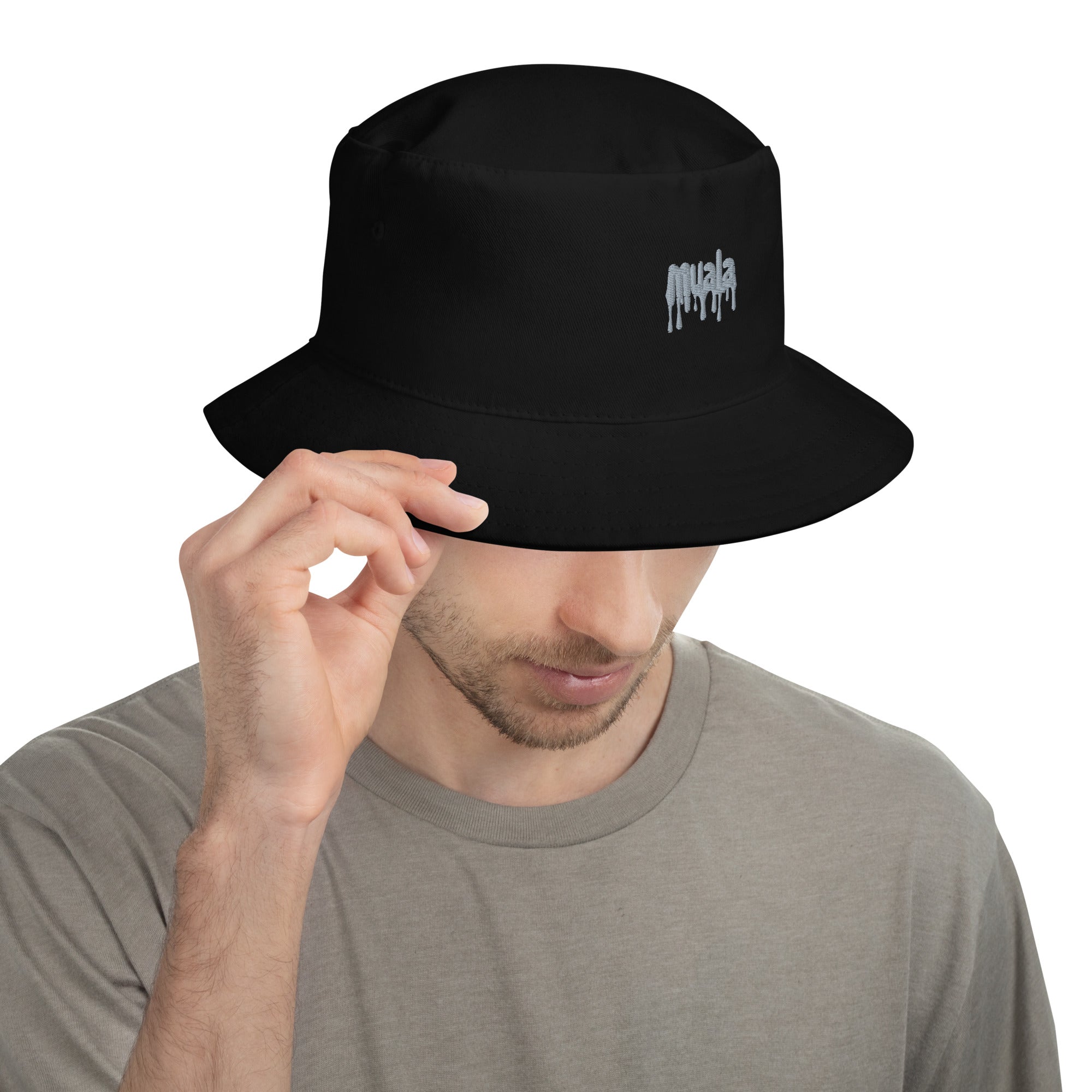 Black Muala® "drippy icecream" bucket hat with gray embroidered logo, worn by a man, casual outdoor sun protection accessory