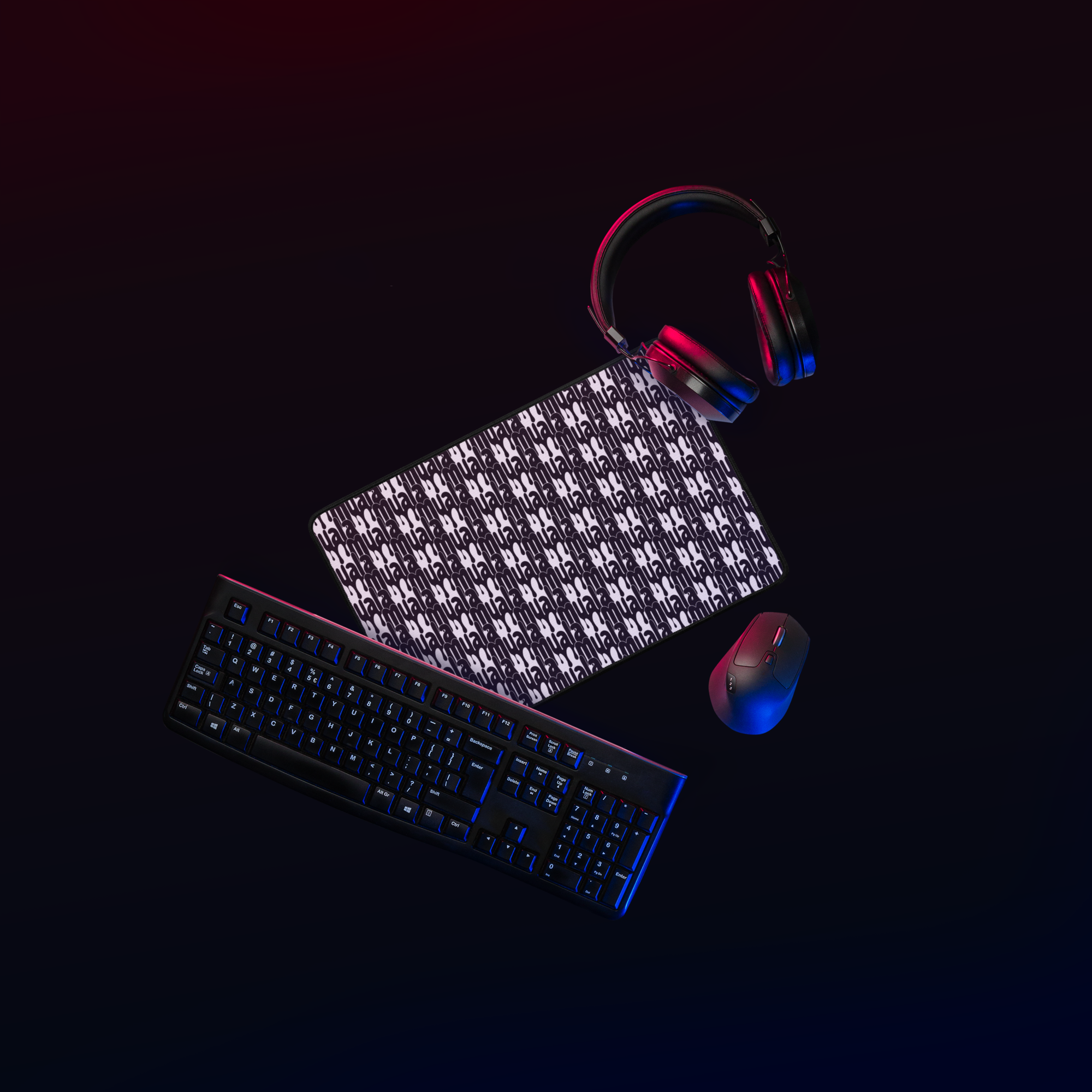 Muala® desk snack desk mat with exclusive Pattern Vol.1 design, smooth polyester surface, natural rubber anti-slip base, shown with keyboard, mouse, and headphones.