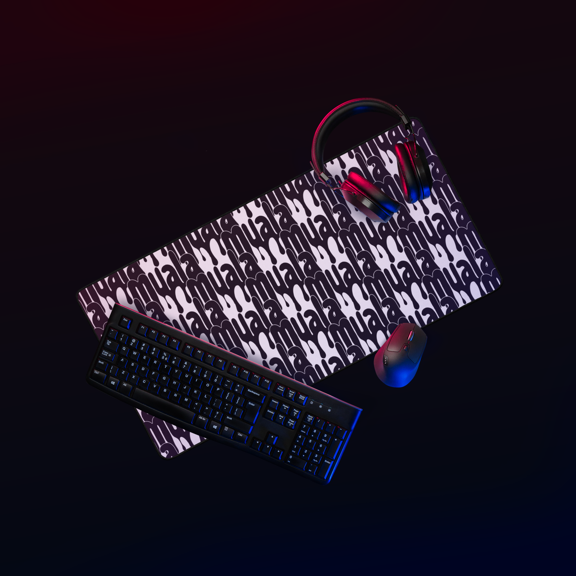 Muala® "desk snack" desk mat with Pattern Vol.1 design, featuring anti-slip natural rubber base and smooth polyester surface, ideal for gaming and work setups.