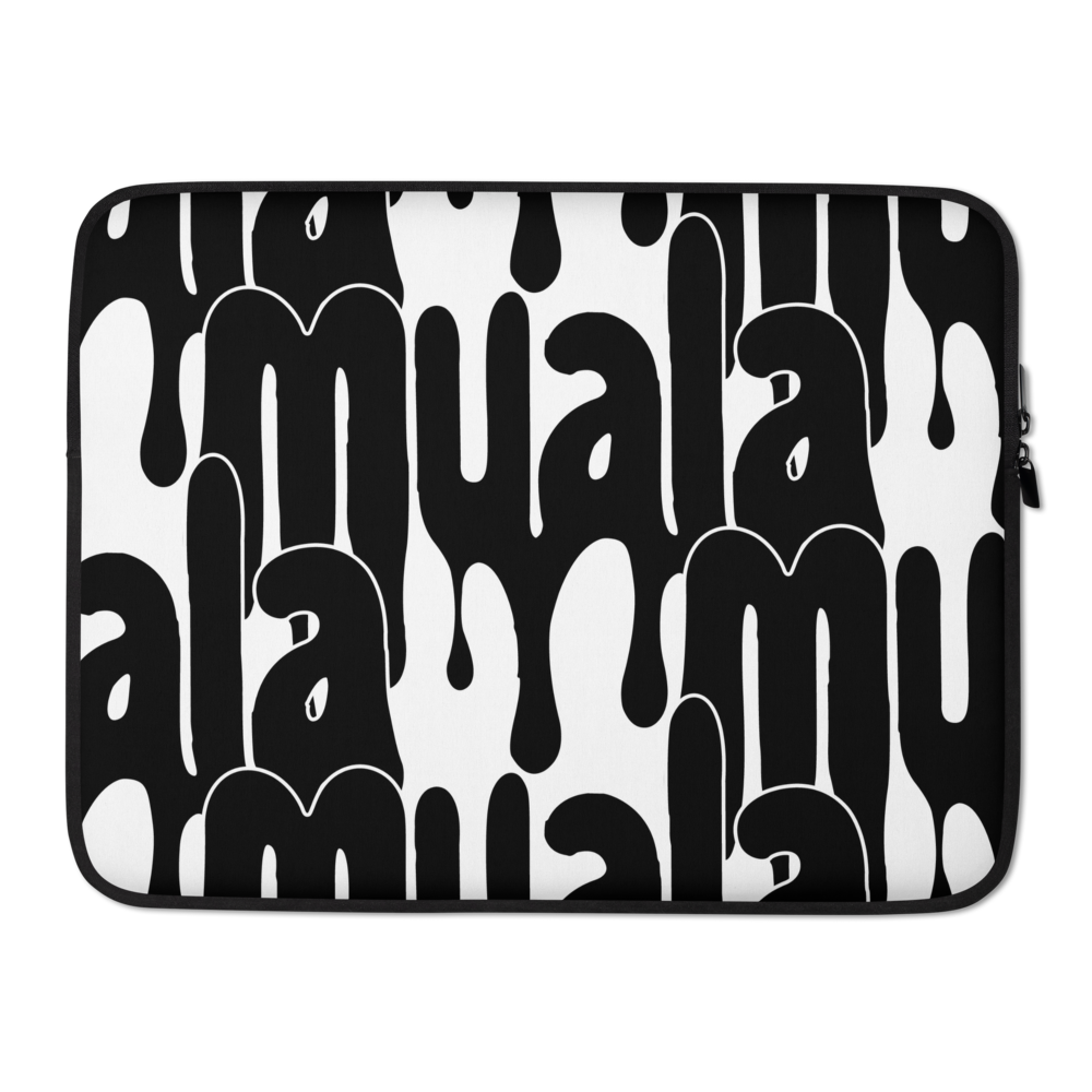 Muala® Tech Wrap laptop sleeve with black and white drip pattern, neoprene protective cover with padded zipper and faux fur lining.