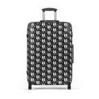 Black and white polycarbonate travel wrap suitcase with bold Pattern Vol.1 graphics and telescopic handle