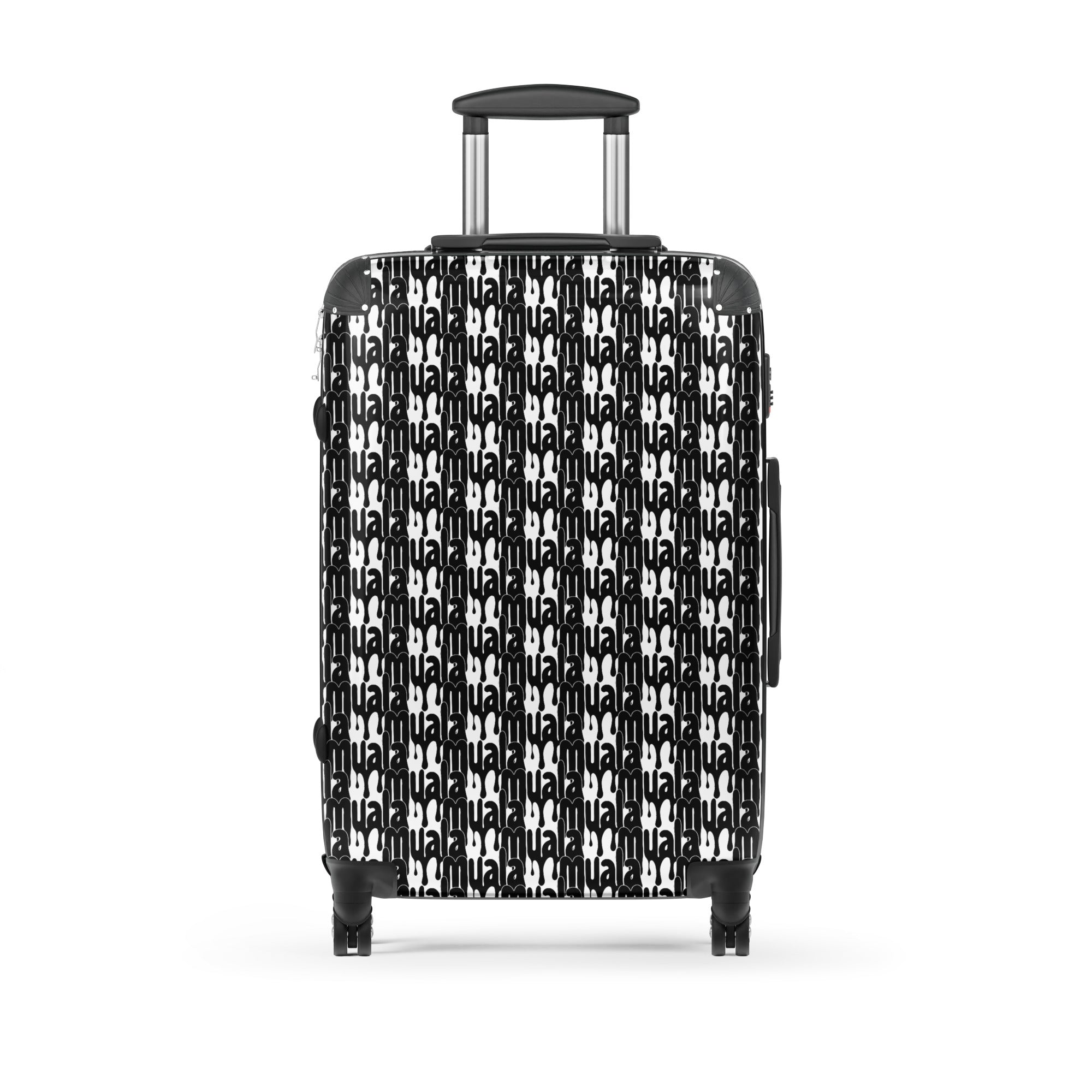 Black and white muala® travel wrap suitcase with bold streetfoodwear pattern and 360° swivel wheels
