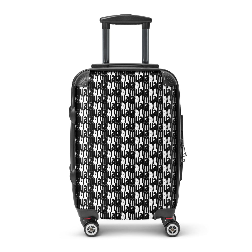 Black and white muala® travel wrap suitcase with embossed pattern vol. 1 design, hard-shell polycarbonate and ABS construction, four 360-degree swivel wheels, and telescopic handle.