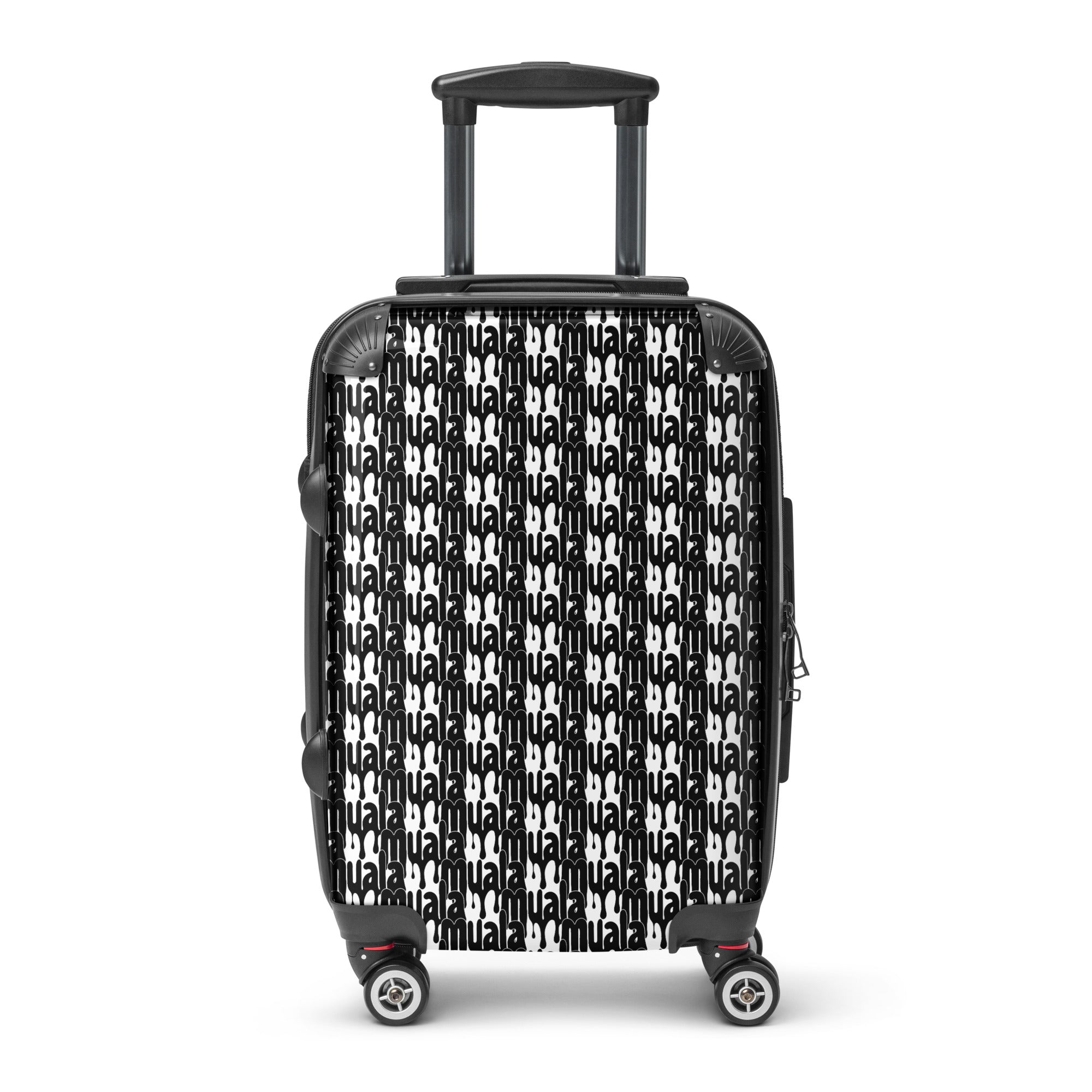 Black and white muala® travel wrap suitcase with embossed pattern vol. 1 design, hard-shell polycarbonate and ABS construction, four 360-degree swivel wheels, and telescopic handle.