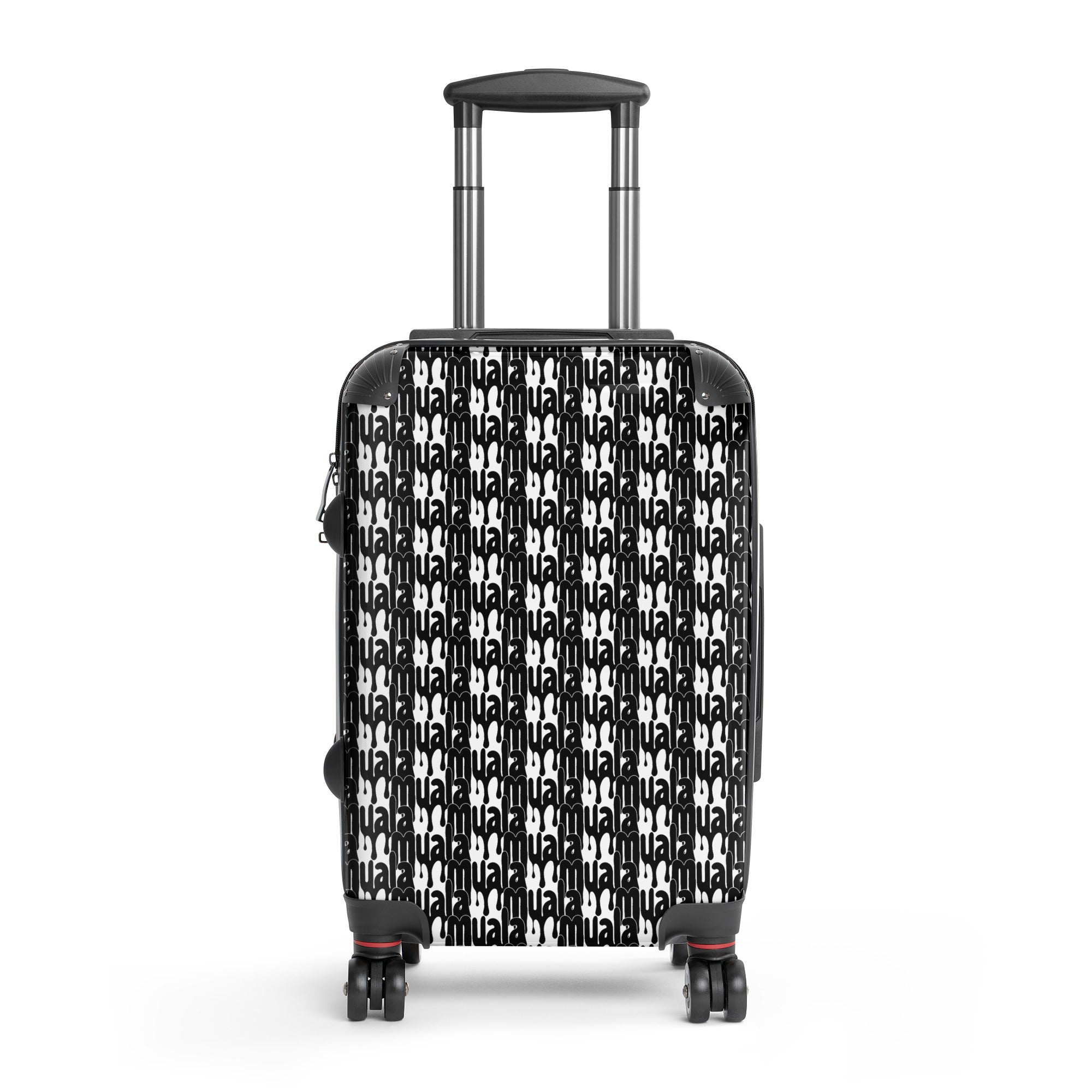 muala® travel wrap suitcase with black and white pattern, hard-shell design, 360° double wheels, and telescopic handle.