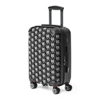Black and white muala® travel wrap suitcase with repeating pattern, hard-shell polycarbonate and ABS construction, 360-degree swivel wheels, and built-in TSA lock.