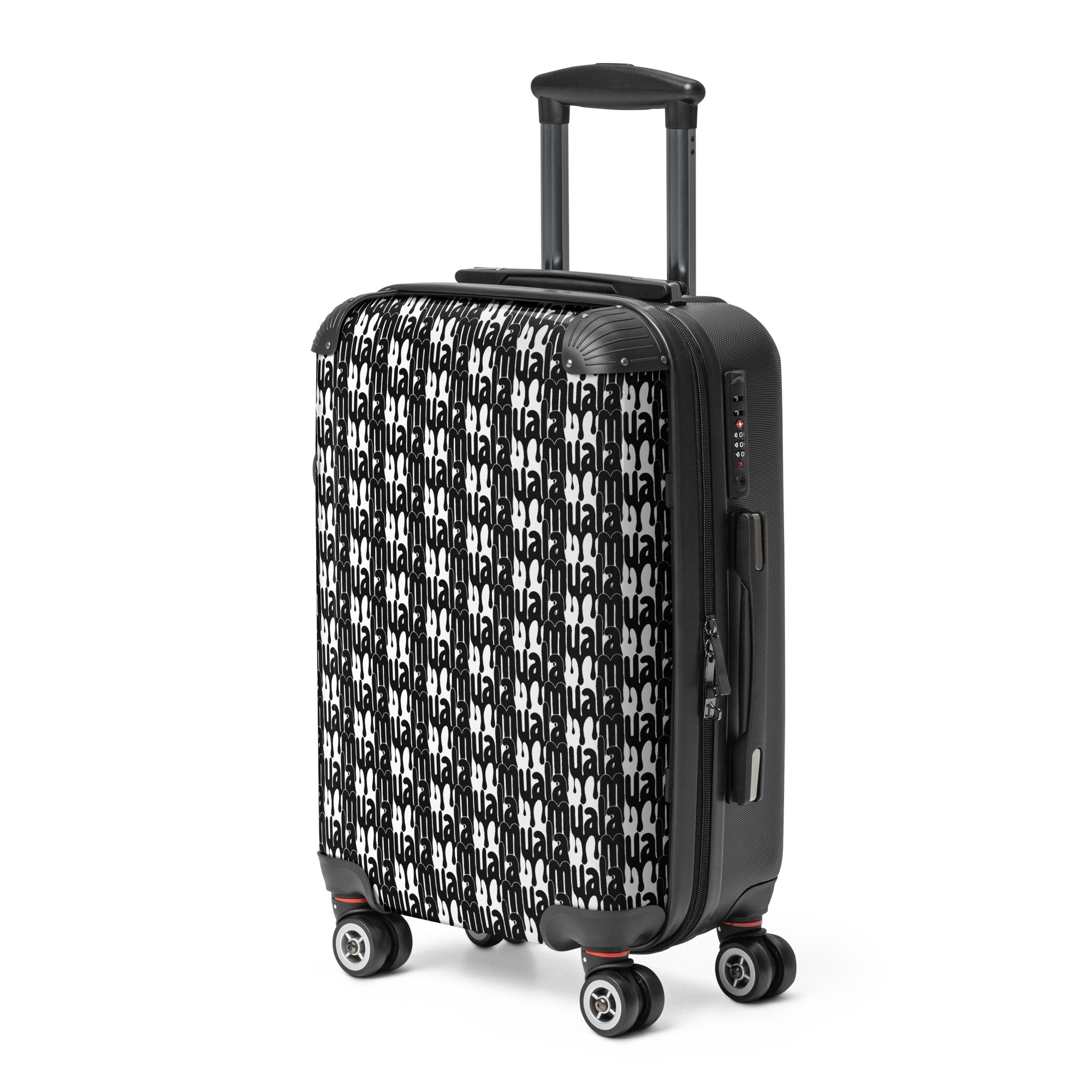 Black and white muala® travel wrap suitcase with repeating pattern, hard-shell polycarbonate and ABS construction, 360-degree swivel wheels, and built-in TSA lock.