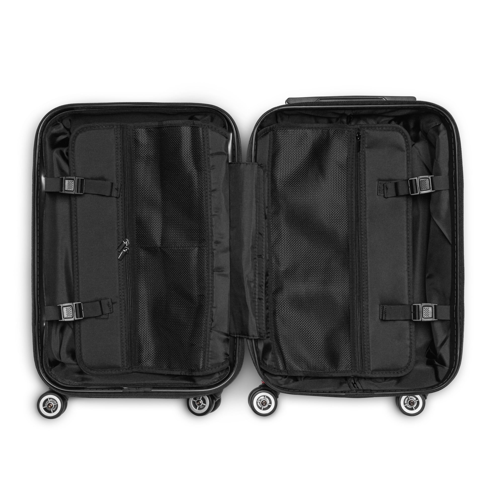 Open black travel wrap suitcase interior with multiple mesh pockets and adjustable straps for organization and security
