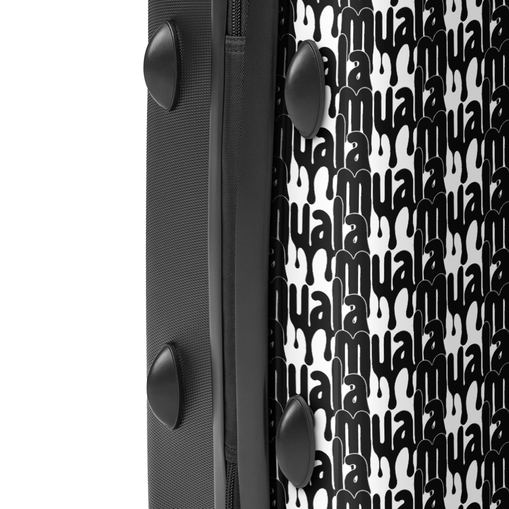Close-up of black and white Muala® travel wrap suitcase with Pattern Vol.1 bold graphic design and durable polycarbonate and ABS hard shell.