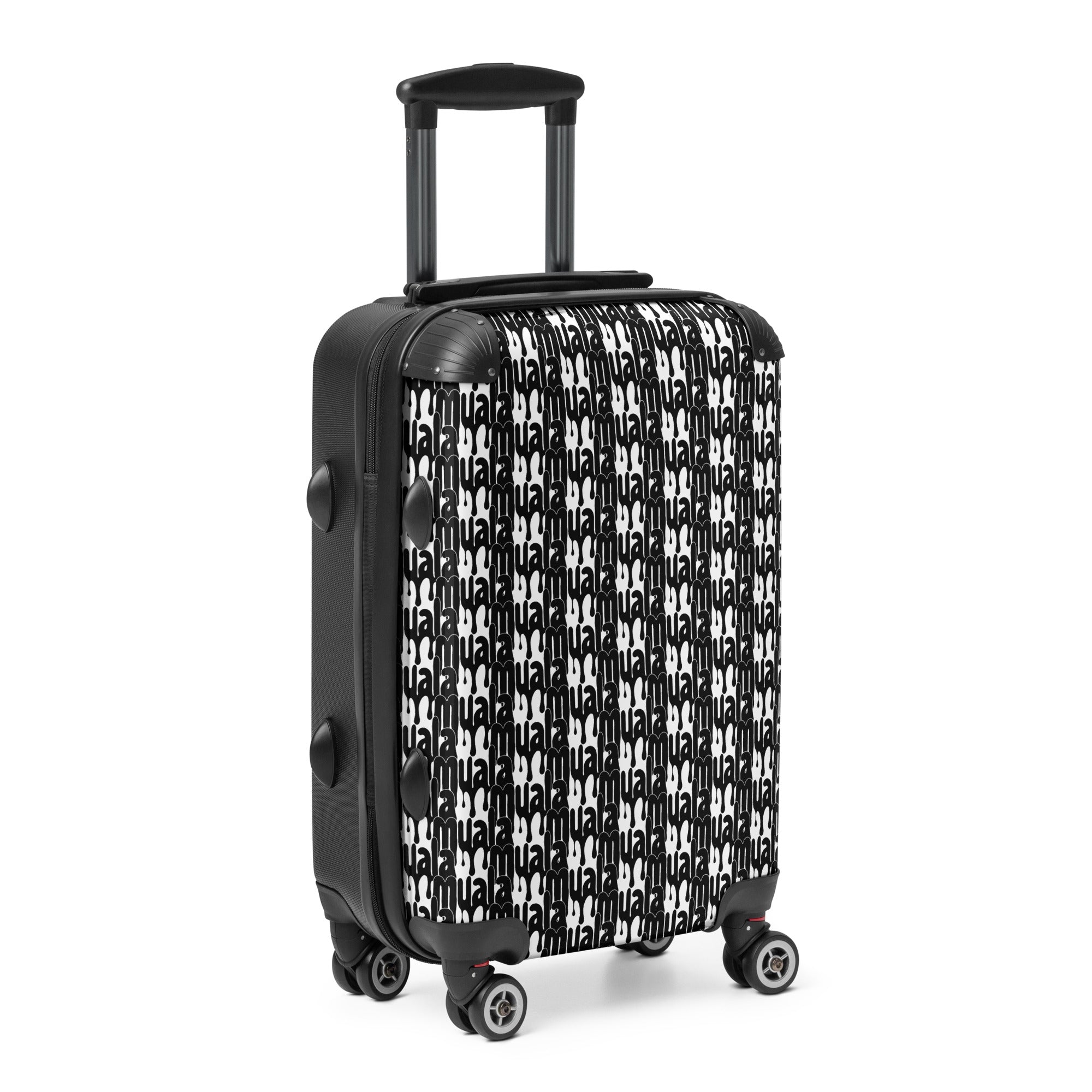Black and white muala® travel wrap suitcase with pattern vol. 1 design and 360-degree swivel wheels